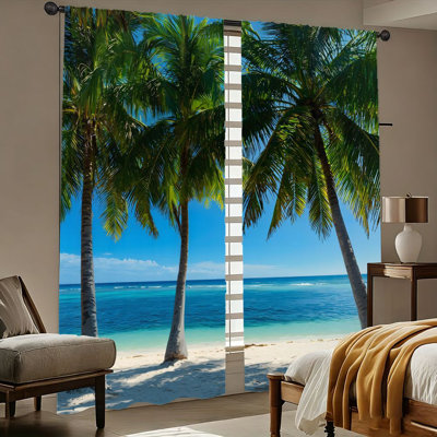 2Pcs Tropical Beach Palm Trees Curtains, Vibrant Ocean View, Serene Seaside Paradise, Light Filtering and Privacy Protection, Rod Pocket Design, for Living Room, Bedroom, Balcony Home Decoration