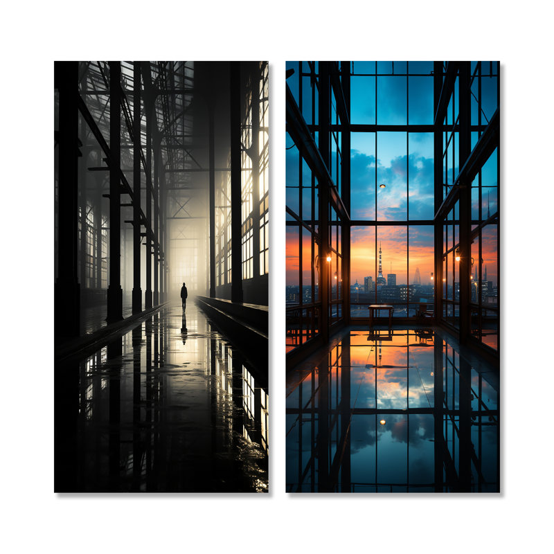 Paysage industriel saphir lever de soleil - ensemble de 2 reproductions d'art mural en métal, H 32 po x l 32 po