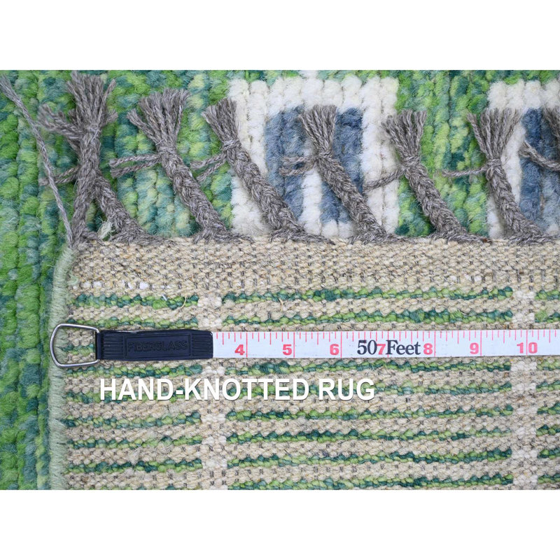 5'1"x12'3" Green Moroccan Weave Line Design Wool Hand Knotted Runner Rug 2C87AE94512948639E3B8F62EF58EB93