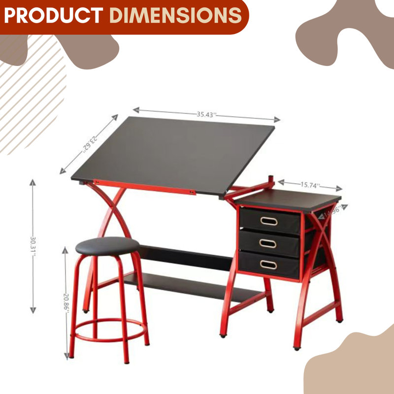 Drafting Table Adjustable Angle With 3 Drawers And Stool, Red