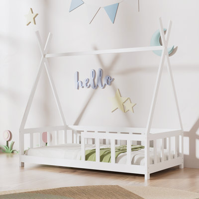 Cadre de lit de plancher pour enfants, lit de plancher en bois Montessori, lit de maison pour enfants filles garçons, lits de tente, blanc avec garde-corps