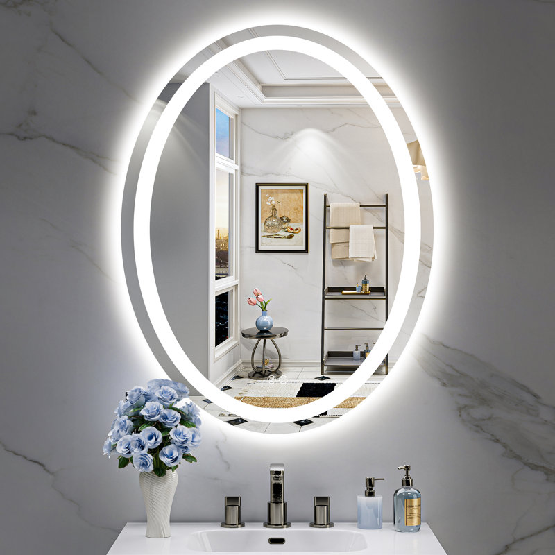 Oval Bathroom LED Mirror with Frontlit & Backlit, Anti Fog Lighted Vanity Mirror with Stepless Dimmable, ETL Listed, IP54 Waterproof, CRI90+, HD Tempered Glass