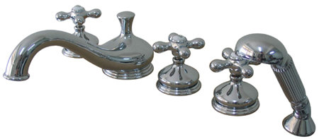 Heritage Triple Handle Deck Mounted Roman Tub Faucet with Handshower, Chrome