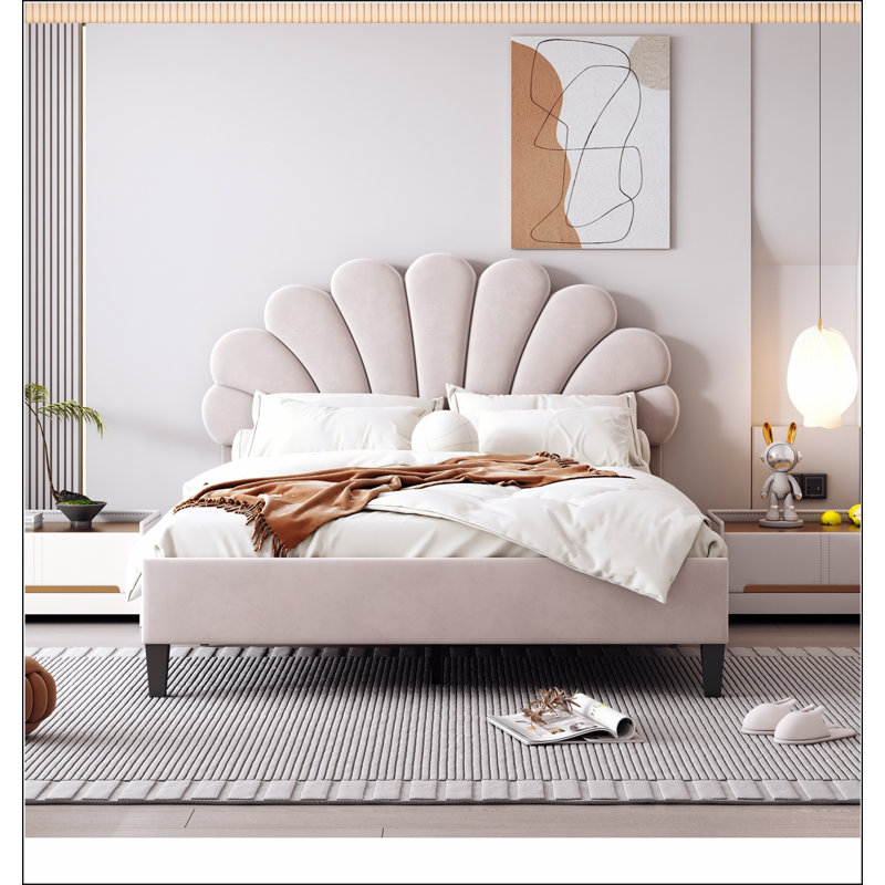 Lit plateforme tapissier avec tête de lit en velours à motif floral, Double, Beige