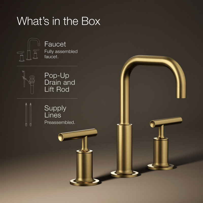 Purist® Widespread Faucet with Drain Assembly Low Lever Handles and Low Gooseneck Spout, Vibrant Brushed Moderne Brass