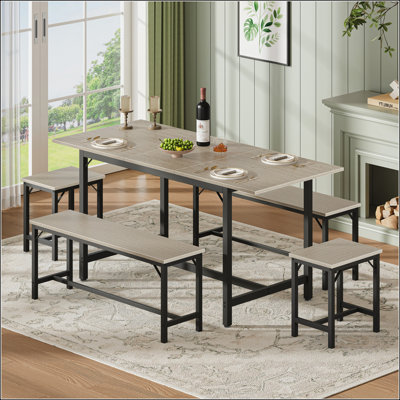 Expandable Dining Table Set for 4-8, 63 Inch Large Extendable Kitchen Table with 2 Benches & 2 Stools, Modern Wood Top & Metal Frame