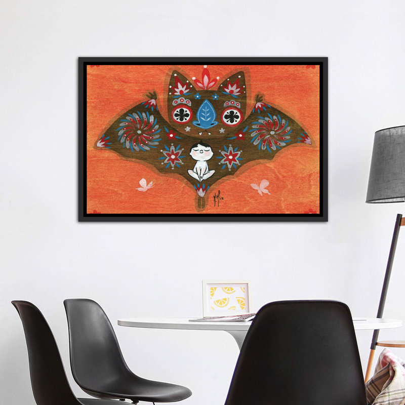«Folk Blessings - Bat» par Martin Hsu - reproduction d'art, H 40 po x l 60 po x 1,5 po, Toile avec cadre noir, Pas de tapis