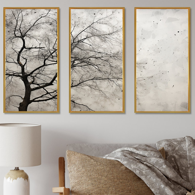 Minimalisme arbre blanc pin rêve I - ensemble d'art mural pin arbre, Cadre flottant doré, H 40 po x l 60 po x P 1 po