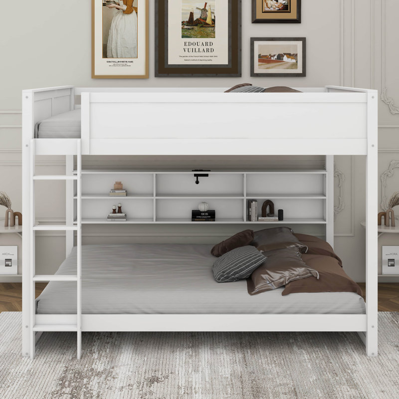 Queen Over Queen Bunk Bed With Cabinets And USB, White