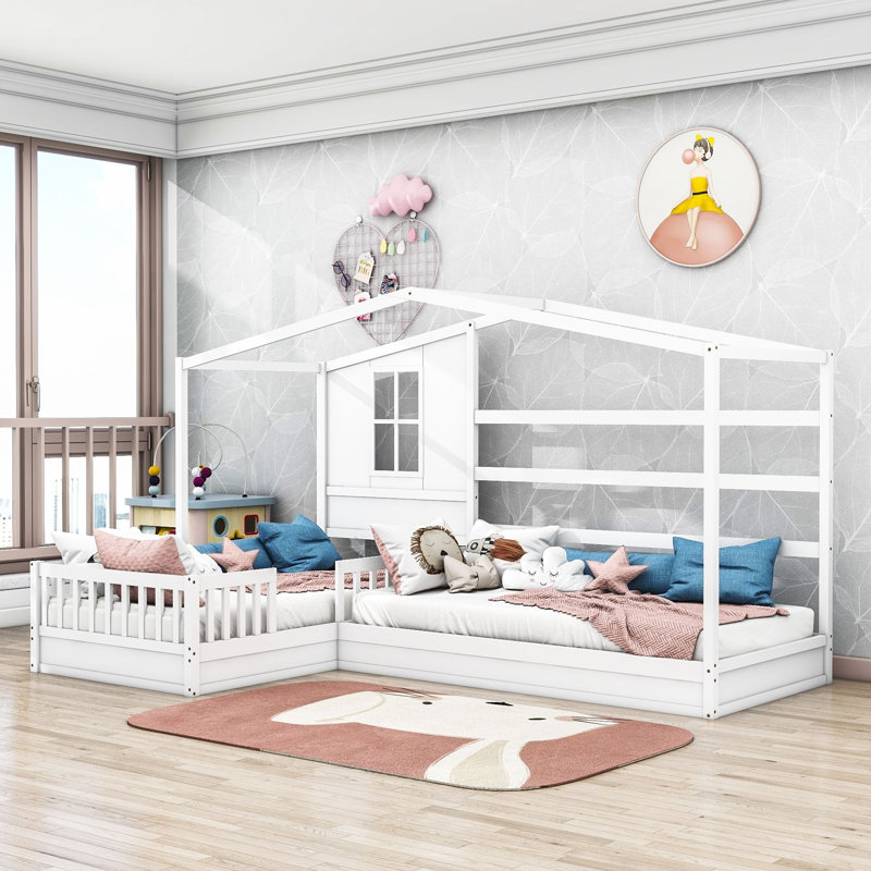 Oakengates Twin Size Wood L-Shaped House Beds with Fence, Gray