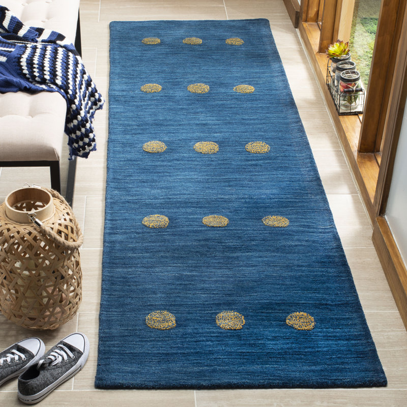 Tapis bleu en laine tissé à la main à pois Pixley, Tapis de couloir 2 pi 3 po x 8 pi