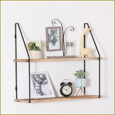 Tablette flottante, rangement mural en bois naturel rustique à 2 niveaux avec supports en métal | Bois naturel | Métal Bois