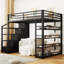 Lit mezzanine en métal avec tablettes de rangement, armoires et garde-robe