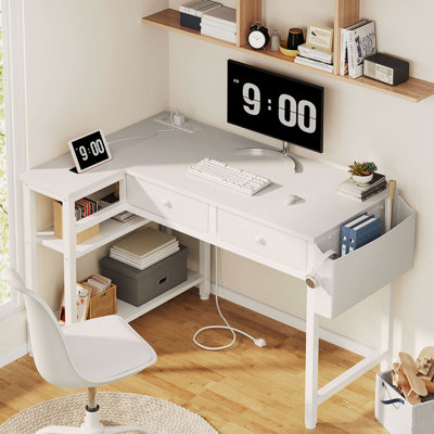 L-Shaped Steel Writing Desk Computer Desk with Built-In Electrical Outlet