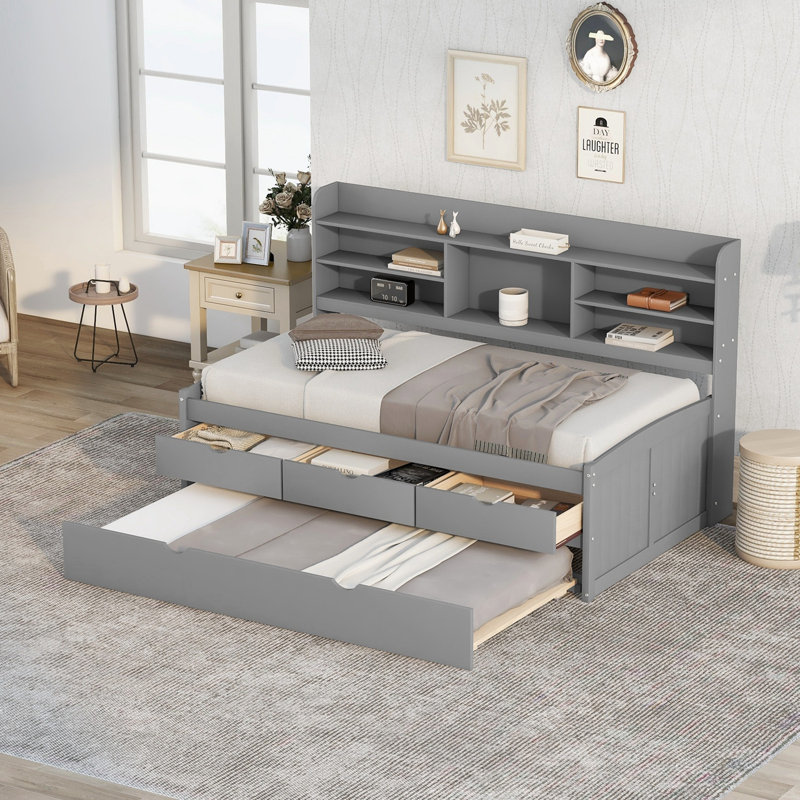 Twin Size daybed with Built-in Bookshelves, Three Storage Drawers and Trundle, Grey