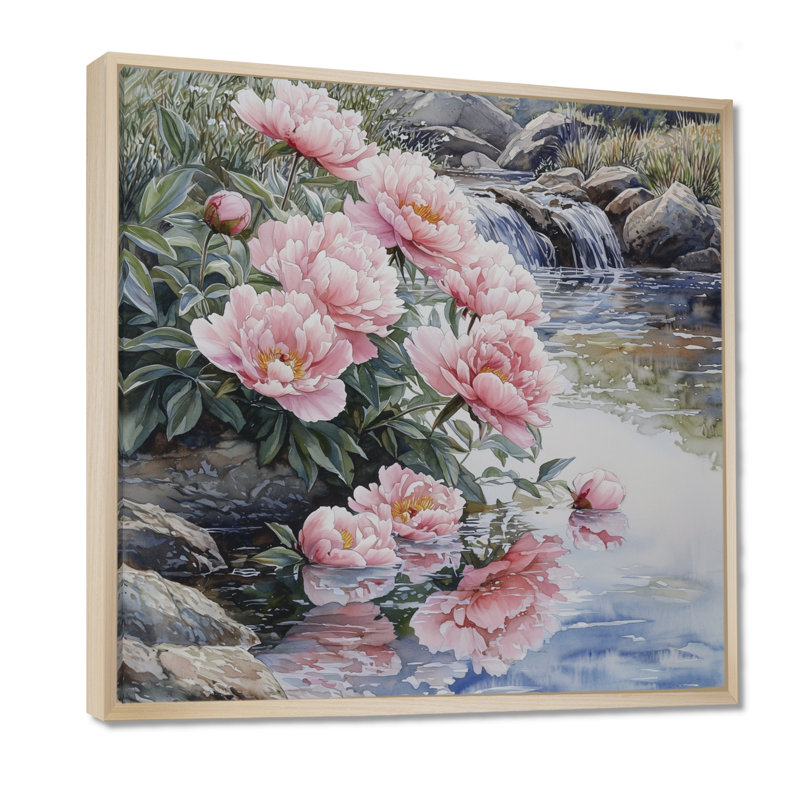 Pivoines près du ruisseau de montagne III - pivoines, art mural large, H 16 po x l 16 po, Impression encadrée flottante