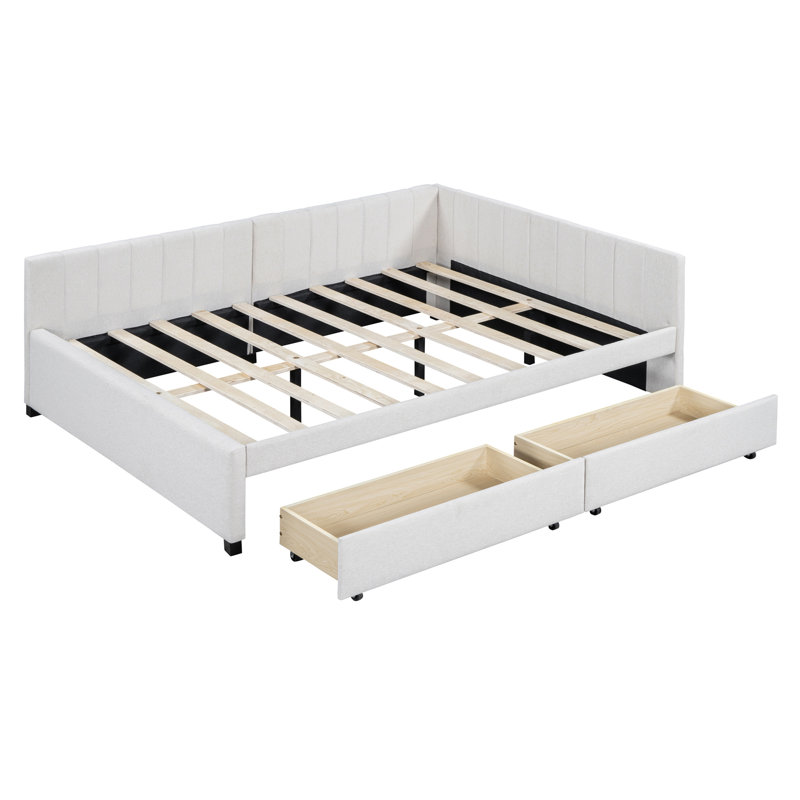 Full Size Upholstered Daybed With 2 Storage Drawers Sofa Bed Frame No Box Spring Needed, Linen Fabric, Beige