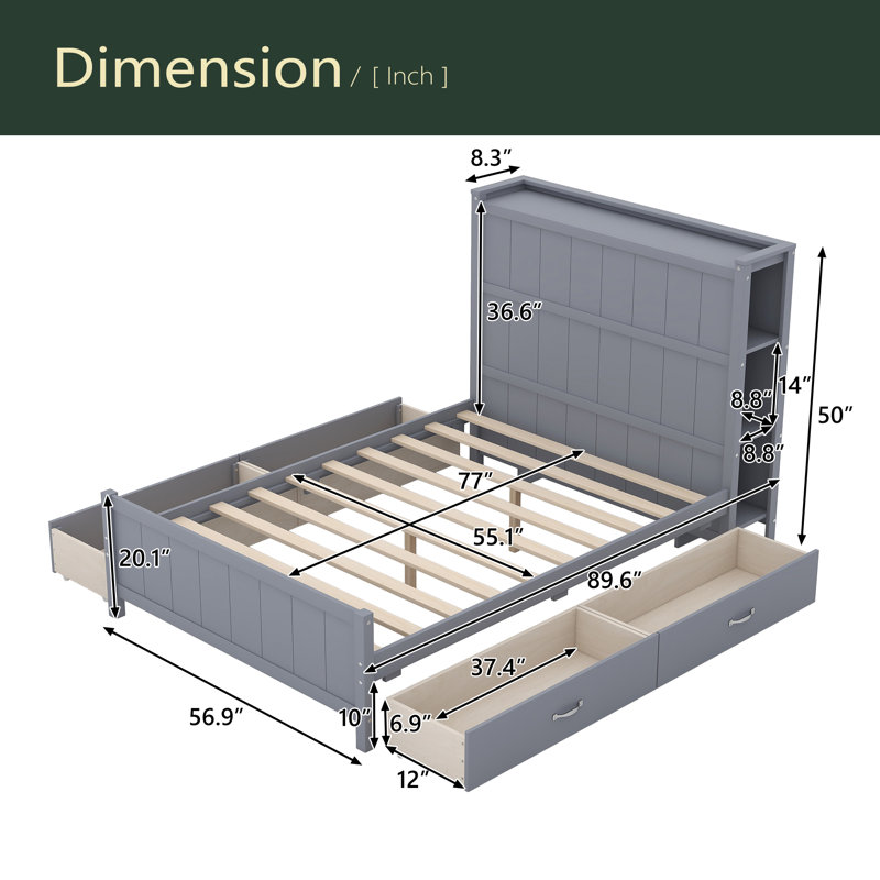 Lit plateforme avec tiroirs et tablettes de rangement