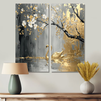 Cygnes gris et or Love Under Cherry Blossom I - Art mural traditionnel 2 pièces