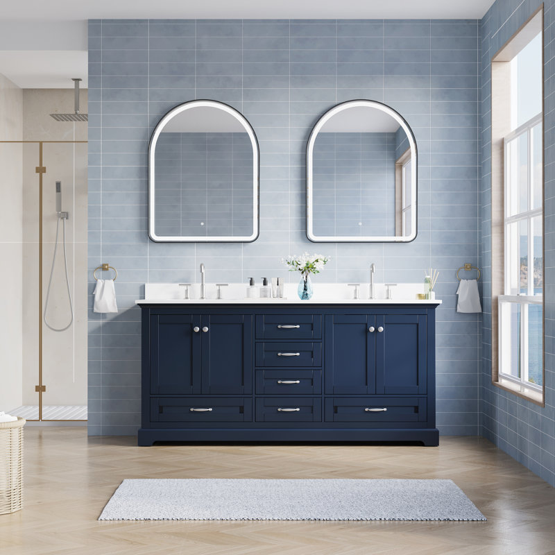 Meuble-lavabo de salle de bain en bois massif, 183 cm (L) x 87 cm (H), avec comptoir en marbre reconstitué blanc pur et double lavabo, bleu marine