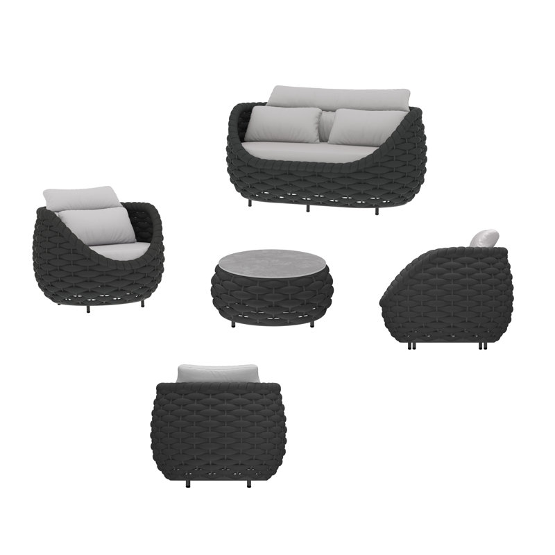 Fully Assembled Altuminum Frame PVC-coated polyester Rope  6 - Person Outdoor Seating Group With Cushions And Round 14.2'' Coffee Table with Pattern Tile Tabletop for Patio Porch Balcony Terrace Garden
