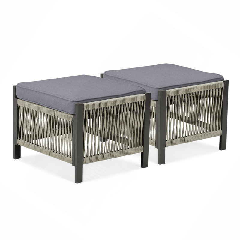 Ensemble de 2 repose-pieds d'extérieur en osier PE avec coussin pour la cour ou la terrasse, Gris