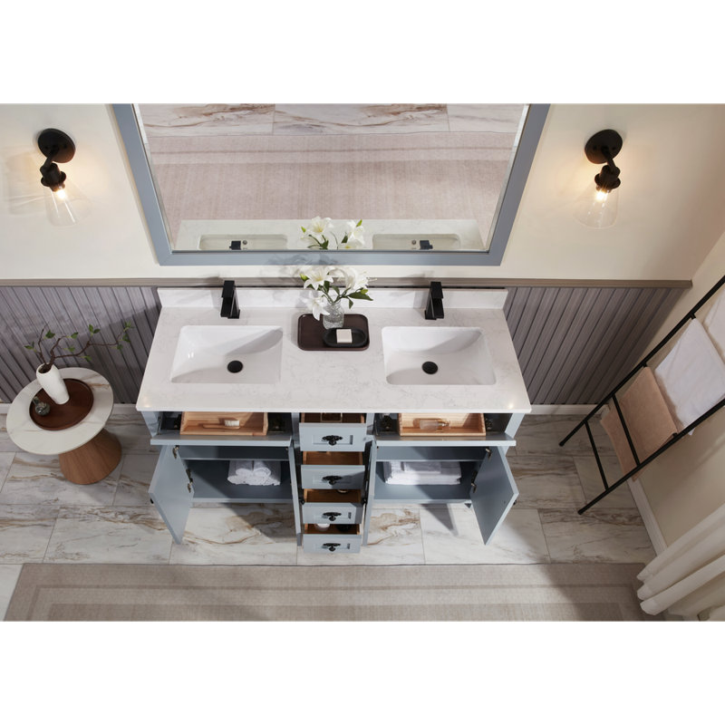 60" Finish Solid Wood Sink Vanity With 1' Artificial Stone Top, Cadet, Black