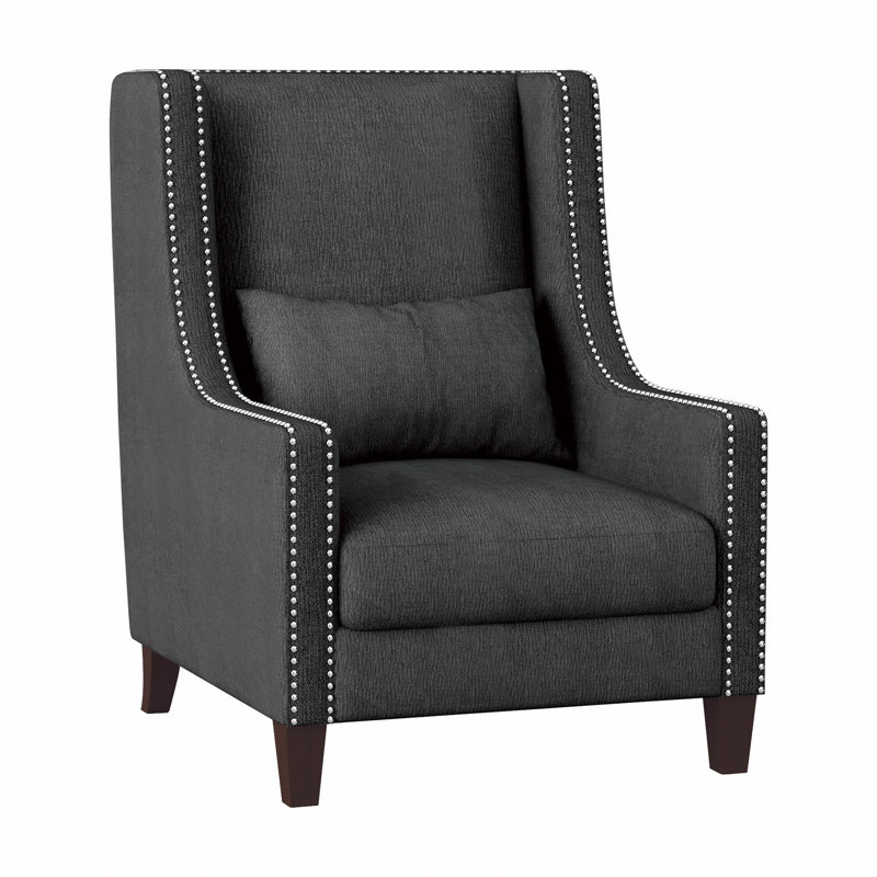 Élégante chaise d'appoint traditionnelle avec coussin, garniture cloutée et revêtement en polyester gris foncé pour les salons modernes