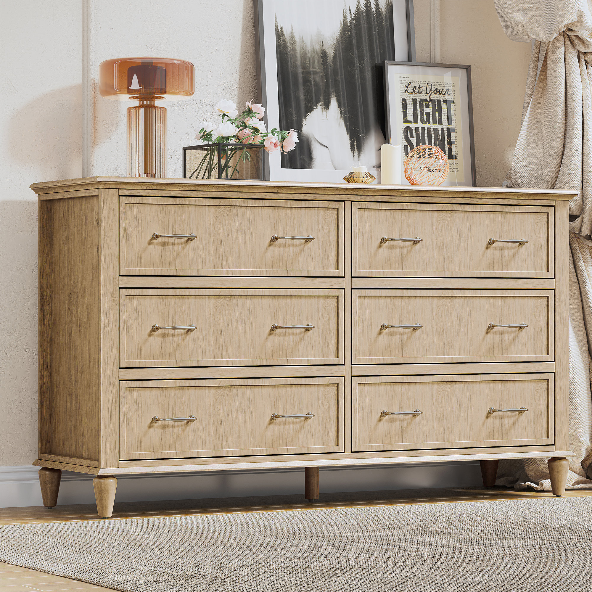 Tucker Murphy Pet™ 54" Modern 6-Drawer Dresser, Wooden Chest of Drawers with Interlocking Drawers, Large Clothes Storage Cabinet and TV Stand for Bedroom, Living Room, or Hallway, Natural Oak | Wayfair