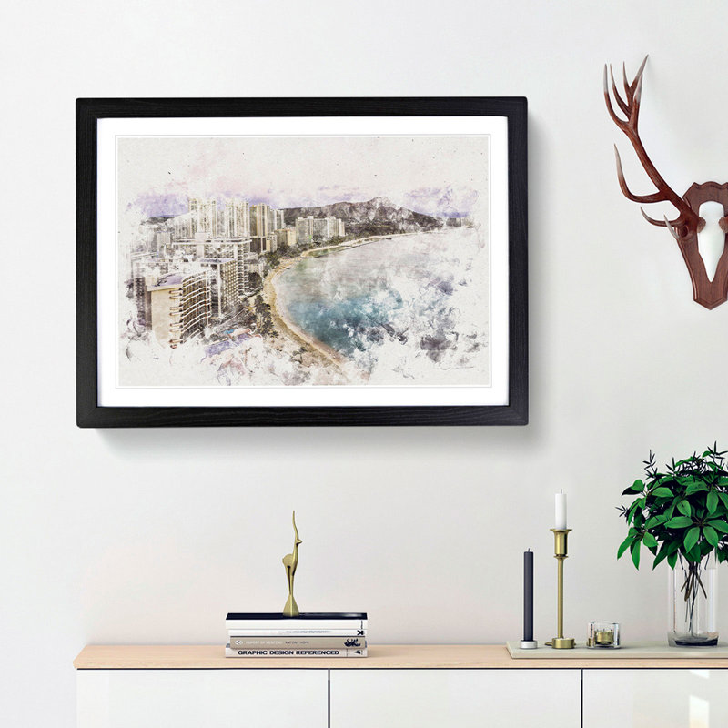 Dusk View Of Waikiki Beach - Single Picture Frame Painting on MDF, Black Framed, 36cm H x 48cm W x 2cm D