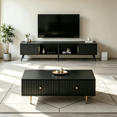  Meuble télé moderne et table basse, centre de divertissement pour table basse rectangulaire de 75 po avec tiroirs pour le salon (ensemble de 2)