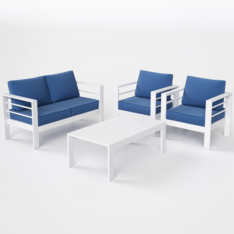 4 - Person Patio Conversation Set with Cushions, Dark Blue, White