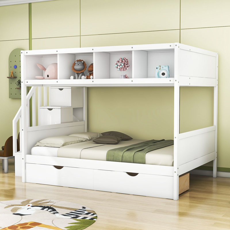 Lit superposé simple au-dessus de 2 tiroirs avec tablettes Godo par Harriet Bee, Blanc