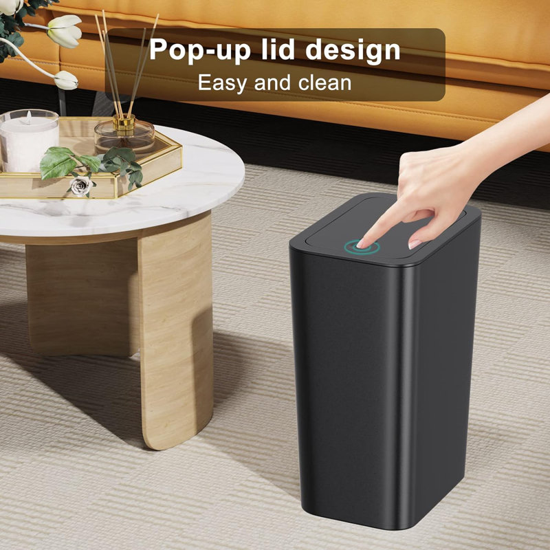 Black Slim Plastic Trash Can with Lid, 10 Liter, 3 Pack