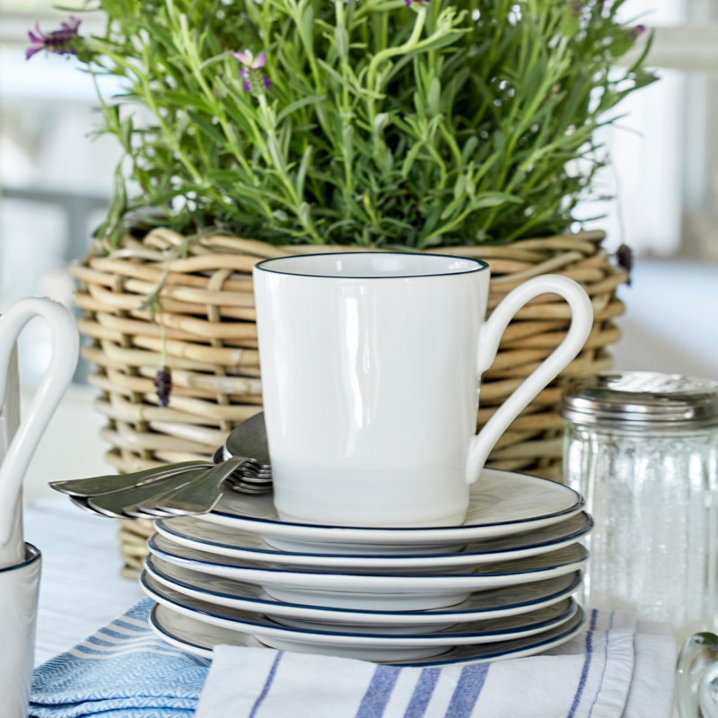 Beja Handmade Stoneware Dinnerware Set, White/Blue