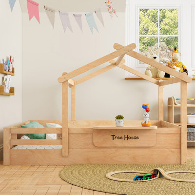 Lit double pleine grandeur avec garde-corps et toit, lit pour enfant avec un petit plateau intégré et une enseigne à installation gratuite, conception enfantine