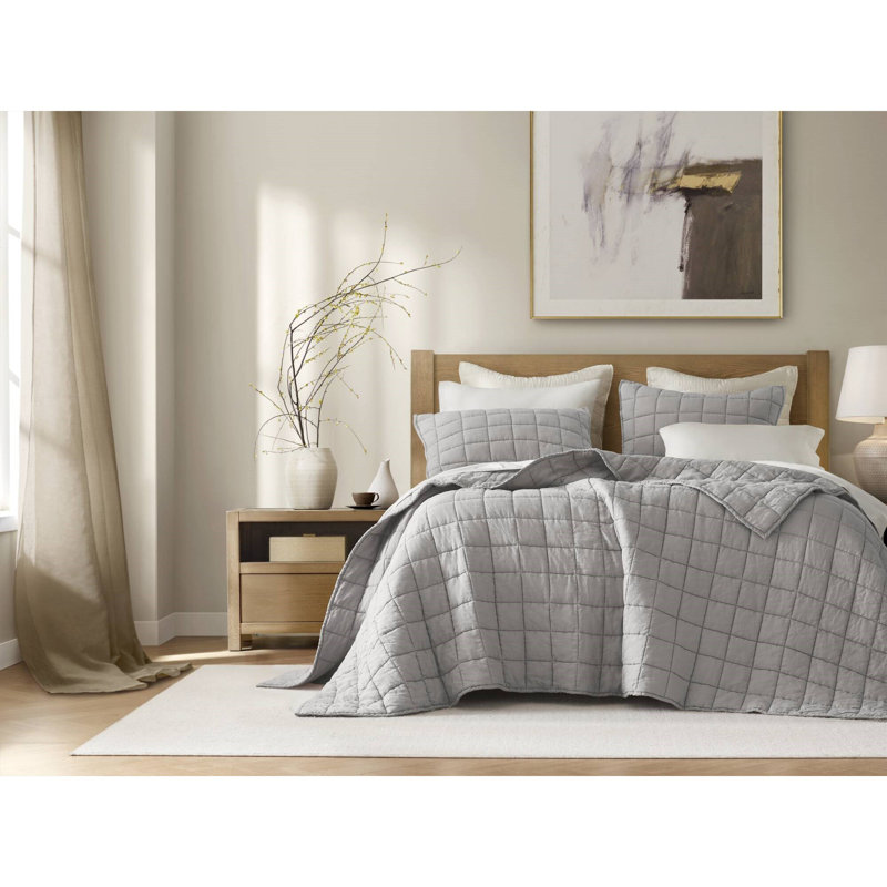 French Flax Gray 100% Linen Garment Washed 3-Piece King/Cal King Quilt Set, Gray, King Quilt + 2 King Shams 