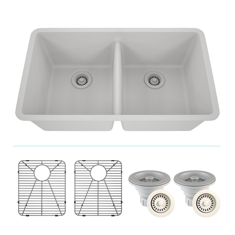 32" x 19" Quartz Kitchen Sink, 50/50 Double Bowl Sink, Drop-in Sink, Undermount Sink, Granite Kitchen Sink, with 2 Steel Grids and Basket Strainer, Disposal Flange
