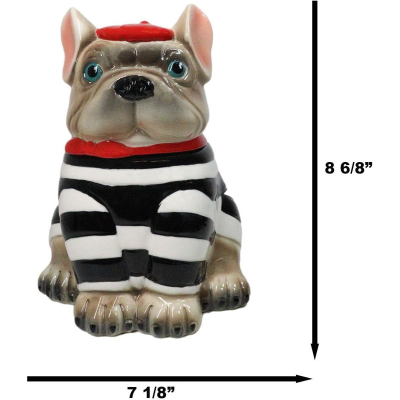 Bouledogue français en céramique avec béret rouge et bocal à biscuits