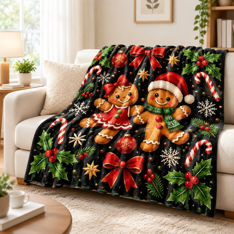 Cozy Gingerbread Christmas Fleece Throw Blanket, Festive Holiday Plush Bed Blanket for Sofa Couch Bedroom Living Room Home Decoration
