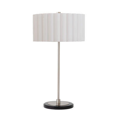 Slimline Table Lamp with Satin Nickel Steel Body and Base, White Linen Drum Shade, Modern Style, Dimmable, Ideal for Bedrooms and Living Rooms