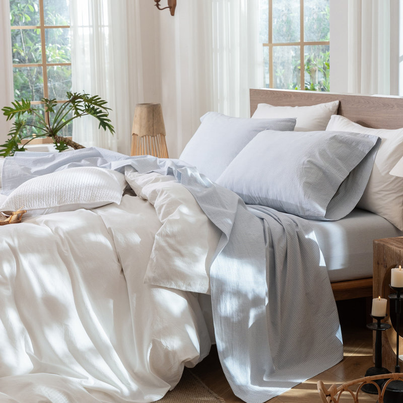 Ensemble de draps 100% coton lavé MooMee, Ensemble de draps pour grand lit avec 2 taies d'or, Rayures fines : Bleu et blanc