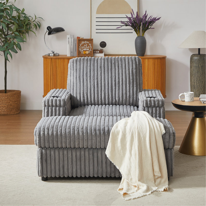 Fauteuil inclinable simple 42,5 po en velours côtelé avec dossier, porte-gobelet, repose-pieds de rangement et canapé de salon confortable
