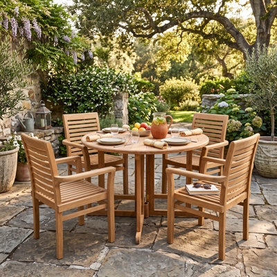 5 Piece Round Foldable Teak Outdoor Patio Dining Set