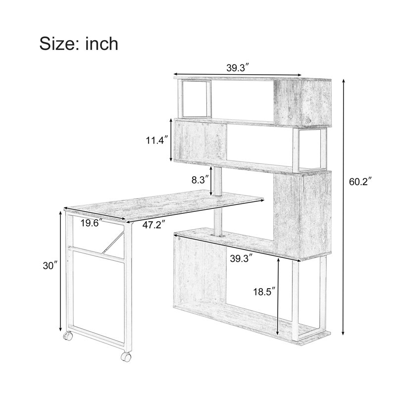 Home Office Computer Desk L-Shaped Corner Table, Rotating Computer Table With 5-Tier Bookshelf, Four Installation Methods, Lockable Casters (Black)