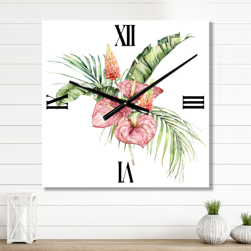 Horloge murale Bouquet tropical avec anthurium lupin et feuilles II, Très grand