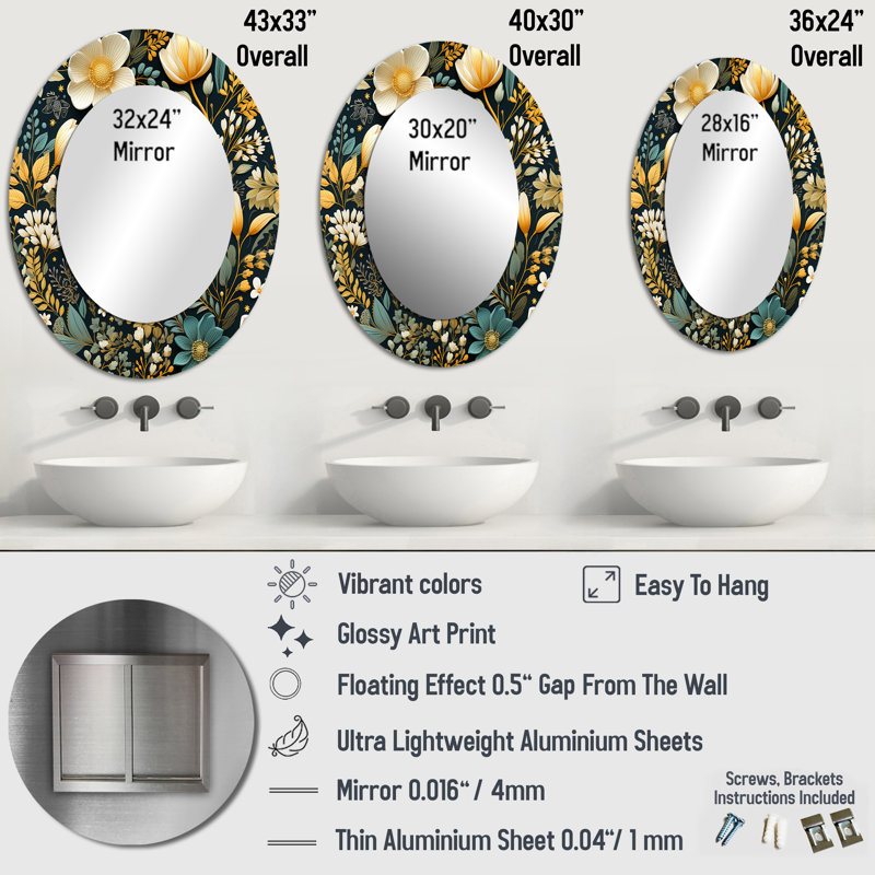 Schrider Floral Wanderlust, motif boho - miroir mural botanique unique, 40 po x 30 po, Ovale