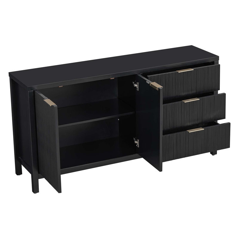 60"W Minimalist Wave-Pattern Sideboard With Functional Storage, Black