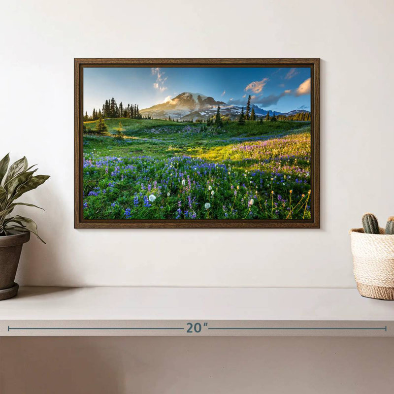 Le printemps au mont Rainier, 13 po x 9 po, Cadre flottant noyer