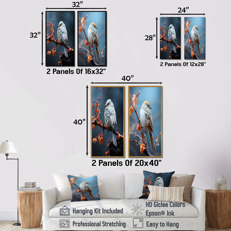 Bird Ethereal Roost - Ensemble de 2 décorations murales oiseaux, Cadre blanc, H 40 po x l 41 po